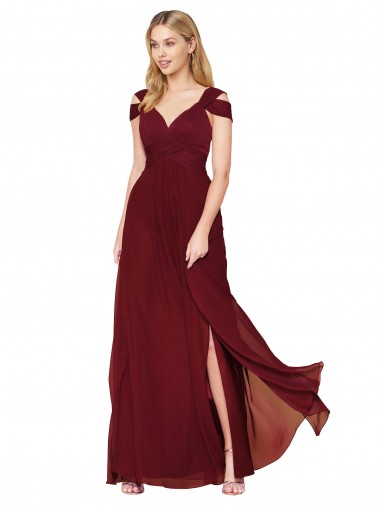 Discount Off the Shoulder Long Chiffon Bridesmaid Dress with Side Slit