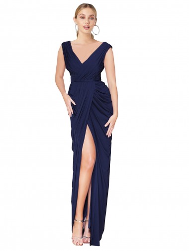 Discount Draped V-Neck Long Chiffon Bridesmaid Dress with Front Slit