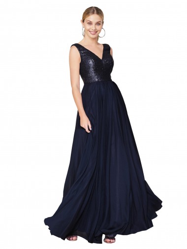 Discount High Neck V-Neck Long Chiffon Bridesmaid Dress with Sequin Top