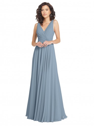 Discount Faux Surplice Bodice Long Chiffon Bridesmaid Dress with V-Neckline