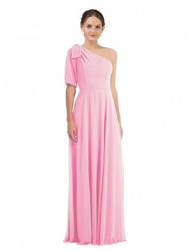 Discount Bow One Shoulder Flounce Sleeve Maxi Bridesmaid Dress