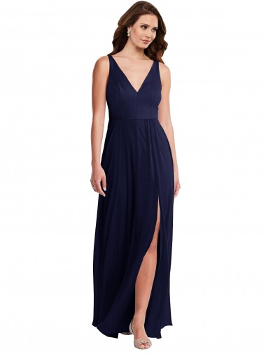 Discount Deep V-Neck Chiffon Maxi Bridesmaid Dress with Front Slit