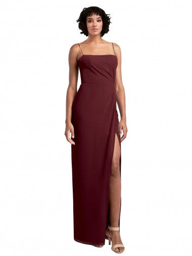 Discount Sleek Straight Neckline Chiffon Bridesmaid Dress with Spaghetti Straps and High Side Slit