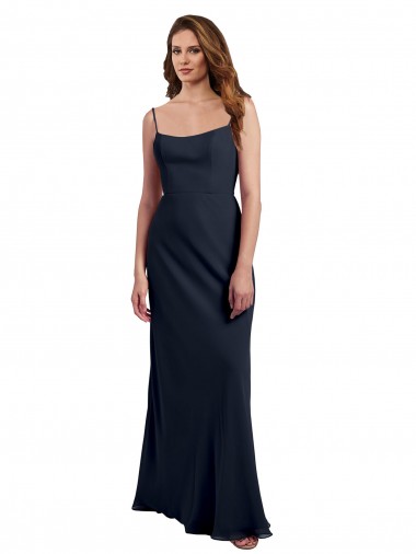 Discount Scoop Neck Long Chiffon Open Back Bridesmaid Dress with Spaghetti Straps