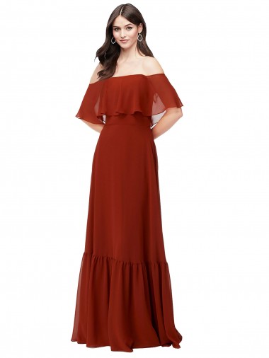 Discount Off the Shoulder Ruffle Chiffon Bridesmaid Dress