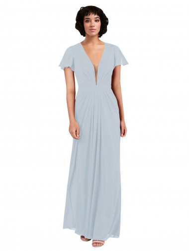 Discount Deep V-Neckline Chiffon Bridesmaid Dress with Flutter Sleeves