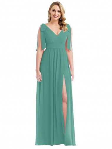 Discount Plunge Neckline Bow Shoulder Chiffon Maxi Bridesmaid Dress