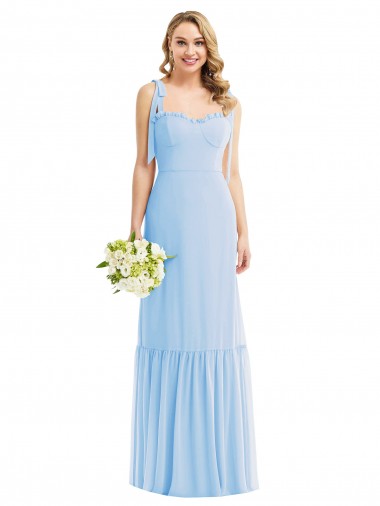 Discount Tie Shoulder Bustier Bodice Ruffle Hem Maxi Bridesmaid Dress