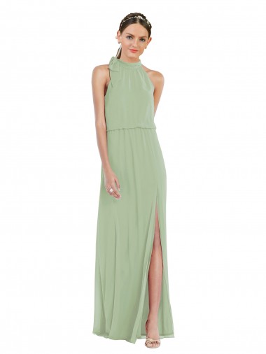 Discount High Neck Scarf Tie Blouson Bodice Maxi Bridesmaid Dress with Front Slit