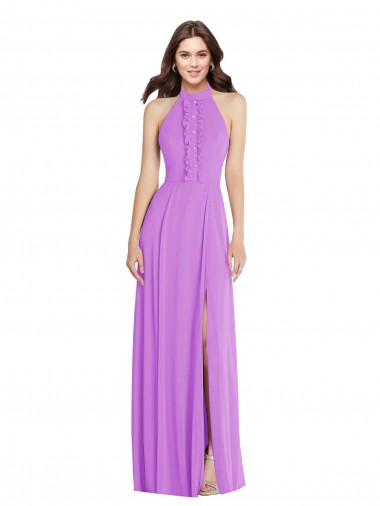 Discount Halter Backless Maxi Bridesmaid Dress with Button Ruffle Placket