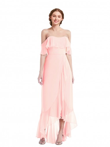 Discount Off the Shoulder Ruffled High Low Maxi Bridesmaid Dress