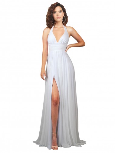 Discount Halter Plunge V-Neckline Chiffon Dress with High Leg Split