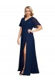 Chiffon V-Neck Short Sleeves Long Bridesmaid Dress with High Slit