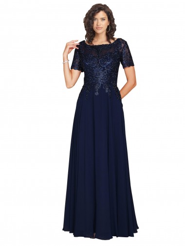 Discount Short Sleeves A-Line Long Chiffon Bridesmaid Dress with Beaded Bodice