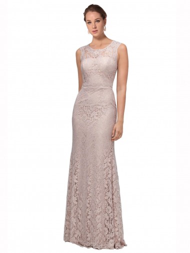 Discount Long Sleeveless All Lace Bridesmaid Dress with Scoop Neckline