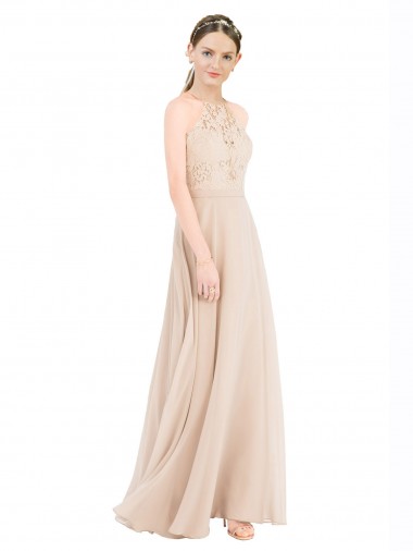 Discount High Halter Neck Illusion Lace Bridesmaid Dress with Chiffon Skirt and Keyhole Back