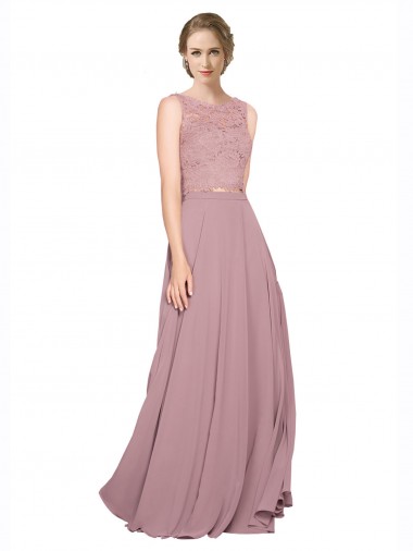 Discount Long A-Line Chiffon Bridesmaid Dress with Sleeveless Lace Crop Top