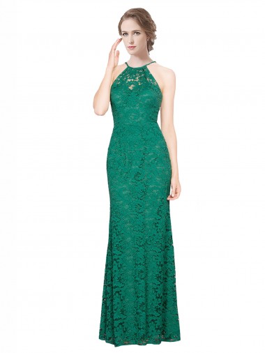 Discount High Illusion Halter Neck Long Lace Bridesmaid Dress