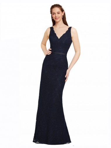 Discount Lace Bridesmaid Dress with Satin Waistband and Open Back