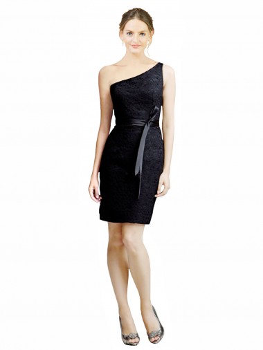 Discount One Shoulder Short Lace Bridesmaid Dress with Satin Waistband