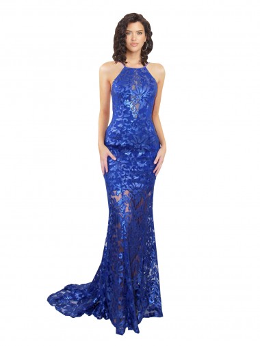 Discount High Neck Long Open Back Lace Bridesmaid Dress with Train