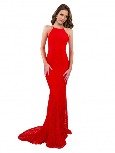 Discount High Neck Long Lace Bridesmaid Dress with Open Back Straps
