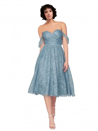Discount Off the Shoulder Sweetheart Chantilly Lace Midi Length Bridesmaid Dress