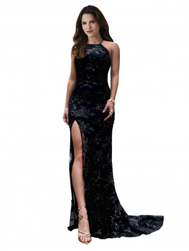 Discount High Neckline Lace Open Back Bridesmaid Dress with High Slit