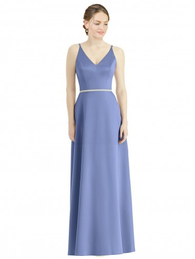 Discount Long Floor Length V-Neck Satin Bridesmaid Dress with Spaghetti Straps