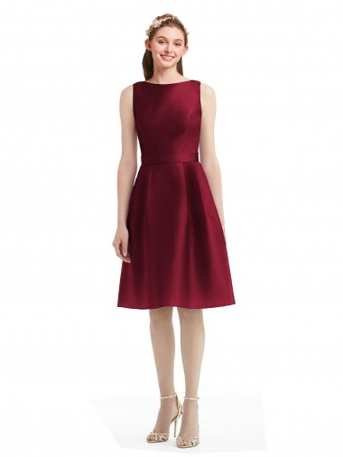 Discount Short Midi Length Satin Bridesmaid Dress with Bateau Neckline and V-Back
