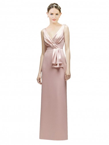 Discount Sleeveless V-Neck Long Satin Bridesmaid Dress with Draped Bodice and Tiered Bow