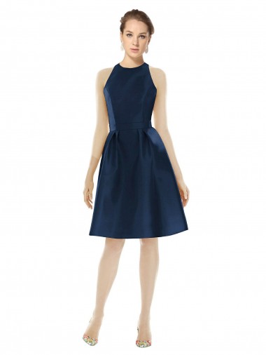 Discount Short Halter Cocktail Length Luxe Satin Bridesmaid Dress