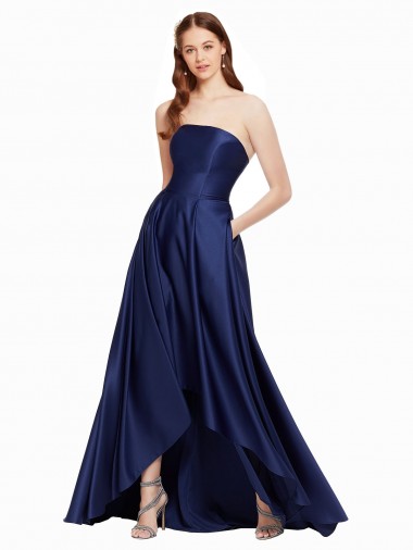 Discount High Low Strapless Satin Bridesmaid Dress with Pockets