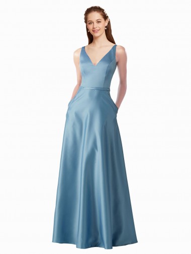 Discount Classic Satin V-Neck A-Line Bridesmaids Dress with Pockets