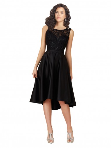 Discount Short High Low Satin Bridesmaid Dress with a Beaded and Embroidered Bodice