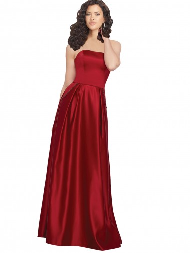 Discount Strapless Satin Bridesmaids Dress with Beaded Pocket and Soft Pleating
