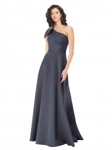 Discount Rouched One Shoulder Floor Length Satin Bridesmaid Dress with Bow