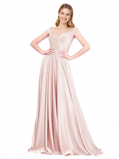 Discount A-Line Off the Shoulder Sweetheart Luxe Satin Bridesmaid Dress