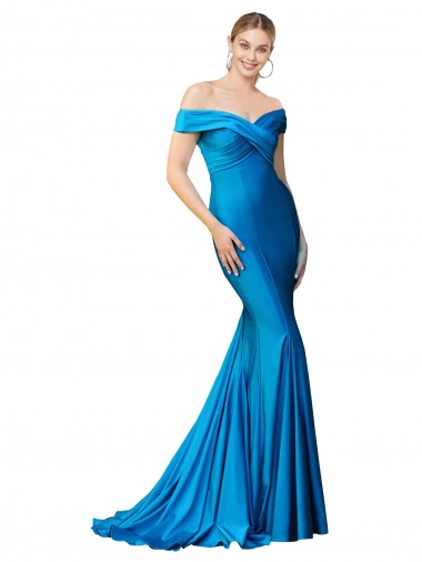 Discount Off the Shoulder Long Chapel Train Luxe Satin Bridesmaid Dress