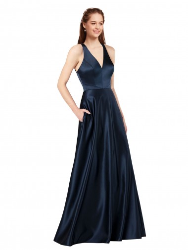 Discount Long Formal Satin Bridesmaid Gown with Halter Neckline