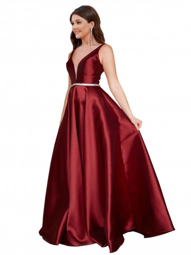 Discount Sleeveless Deep V-Neck A-Line Satin Bridesmaid Dress with Pockets