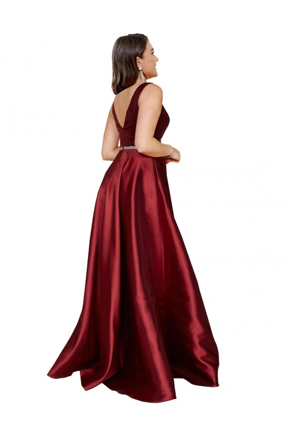 Sleeveless Deep V-Neck A-Line Satin Bridesmaid Dress with Pockets