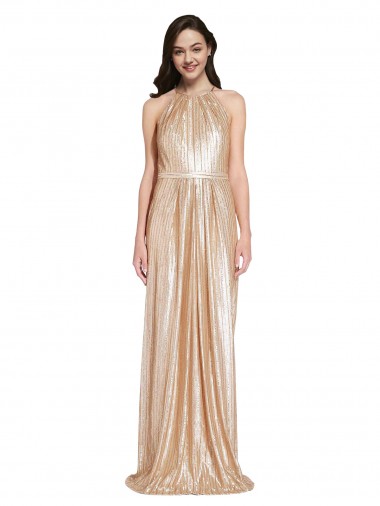 Discount Floor Length Halter Neck Sparkling Sequin Bridesmaid Dress with Pleats