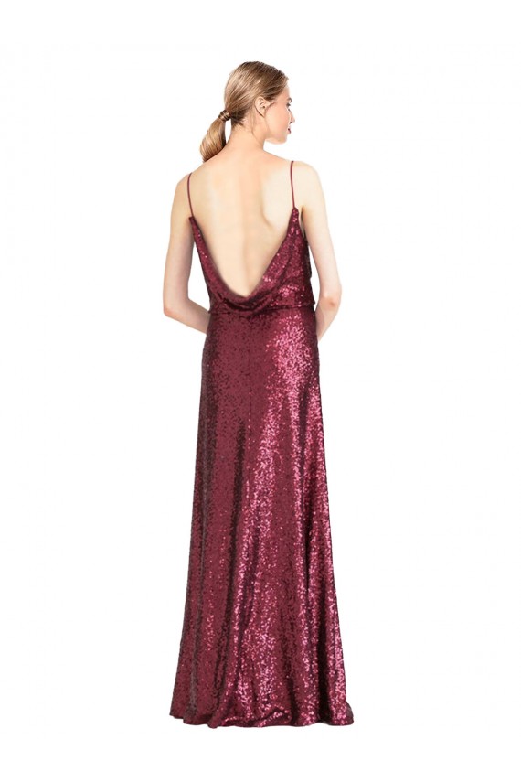 High Neck Halter Long Slim Sequin Bridesmaid Dress with V-Neck and Blouson Bodice