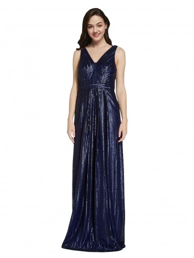 Discount Long V-Neck Sparking Sequin Bridesmaid Dress with Low V-Back