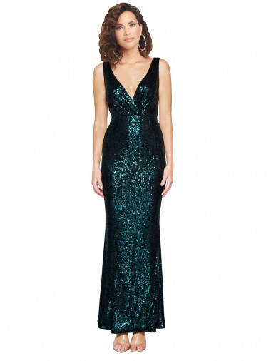 Discount V-Neck Full Length Sequin Bridesmaid Dress with Draped Back