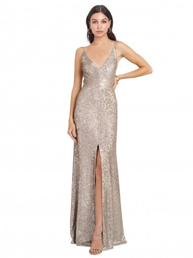 Discount V-Neck Fully Sequin Bridesmaid Dress with V-Back and Front Slit