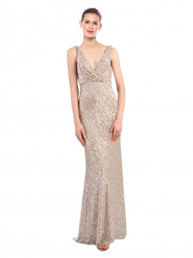 Discount Faux Surplice V-Neck Slim Sparkling Sequin Bridesmaid Dress