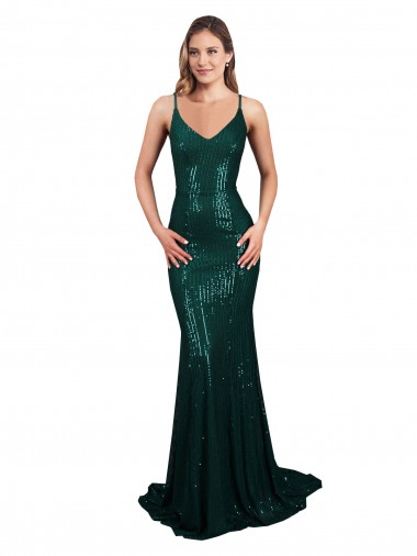 Discount Fishtail Shaped V-Neck Open Back Long Sequin Bridesmaid Dress