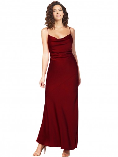 Discount Cowl Neck Low Back Silky Satin Bridesmaid Dress with Thin Back Straps